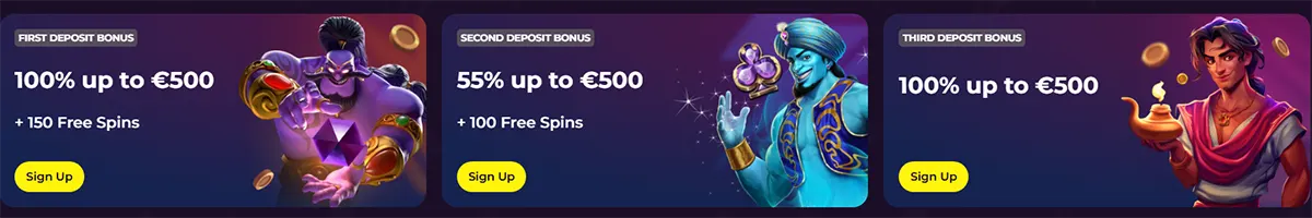 Three casino bonus cards are shown side by side: First Deposit Bonus: 100% up to €500 + 150 free spins, with a purple genie-style character and floating coins, plus a “Sign Up” button. Second Deposit Bonus: 55% up to €500 + 100 free spins, featuring a blue magical character holding glowing orbs, with a “Sign Up” button. Third Deposit Bonus: 100% up to €500, illustrated with a character resembling a genie/Aladdin theme, also with a “Sign Up” button.