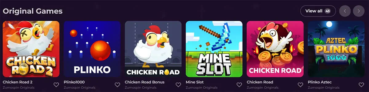 “Original Games” carousel on a dark casino interface showing colorful game tiles, including Chicken Road 2, Plinko1000, Chicken Road Bonus, Mine Slot, Chicken Road, and Plinko Aztec, with heart icons and a “View all” button.