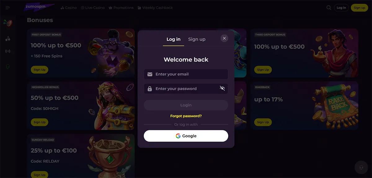 Dark-themed casino bonuses page with promotional cards in the background, overlaid by a “Welcome back” login popup featuring email/password fields, a Google sign-in button, and Sign up/Log in tabs.